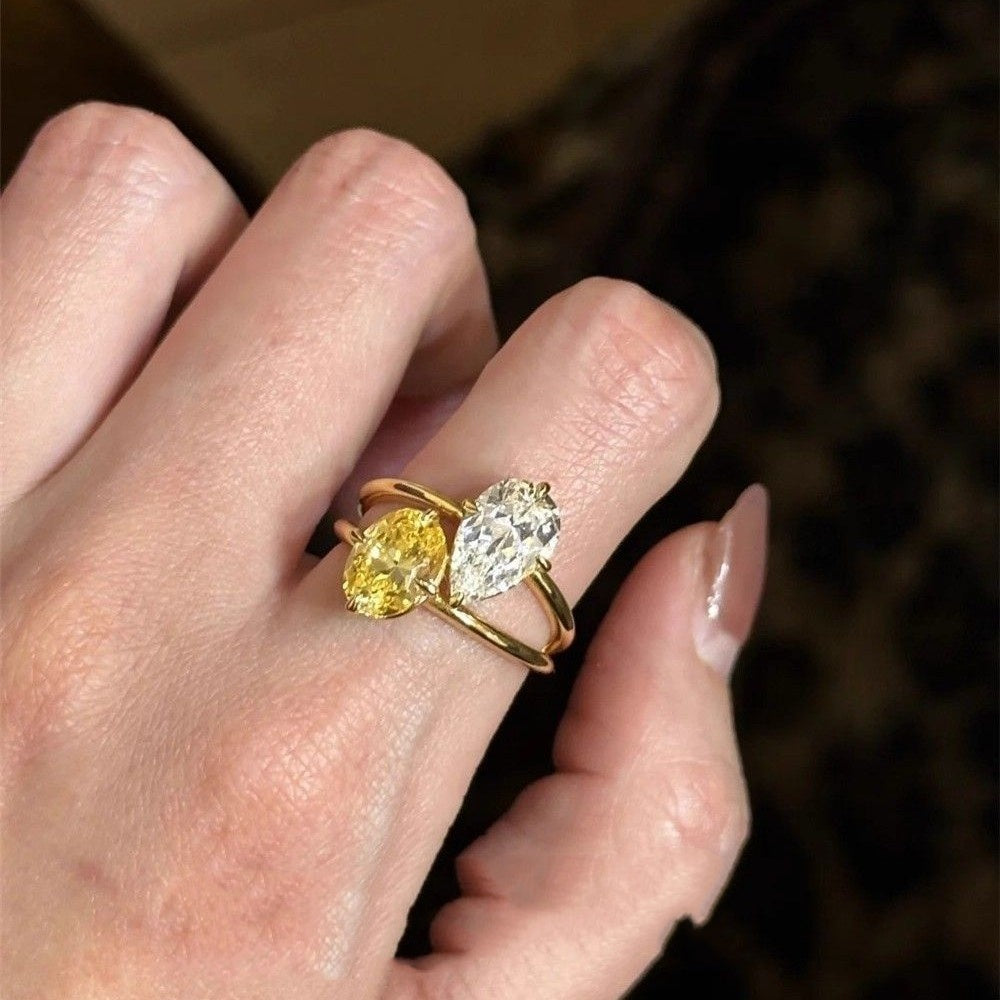 Water Drop Contrast Color Zircon Ring Light Luxury High Sense Open Ring