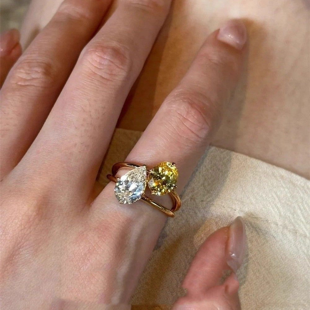 Water Drop Contrast Color Zircon Ring Light Luxury High Sense Open Ring