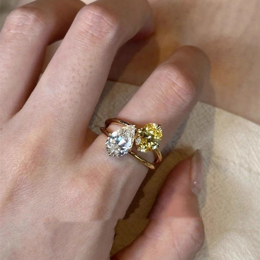 Water Drop Contrast Color Zircon Ring Light Luxury High Sense Open Ring