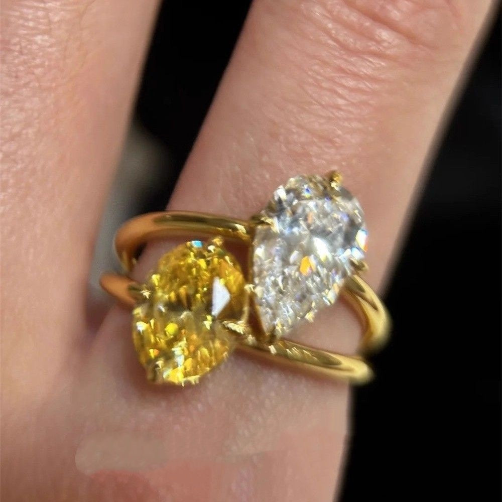 Water Drop Contrast Color Zircon Ring Light Luxury High Sense Open Ring